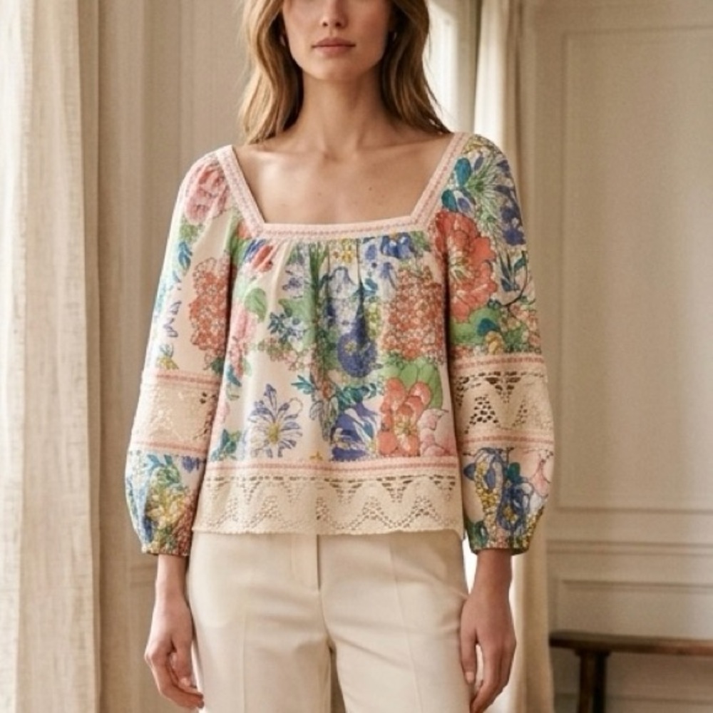 Christian Siriano New York Puff Sleeve Crochet Peasant Linen-Blend Blouse Sz M